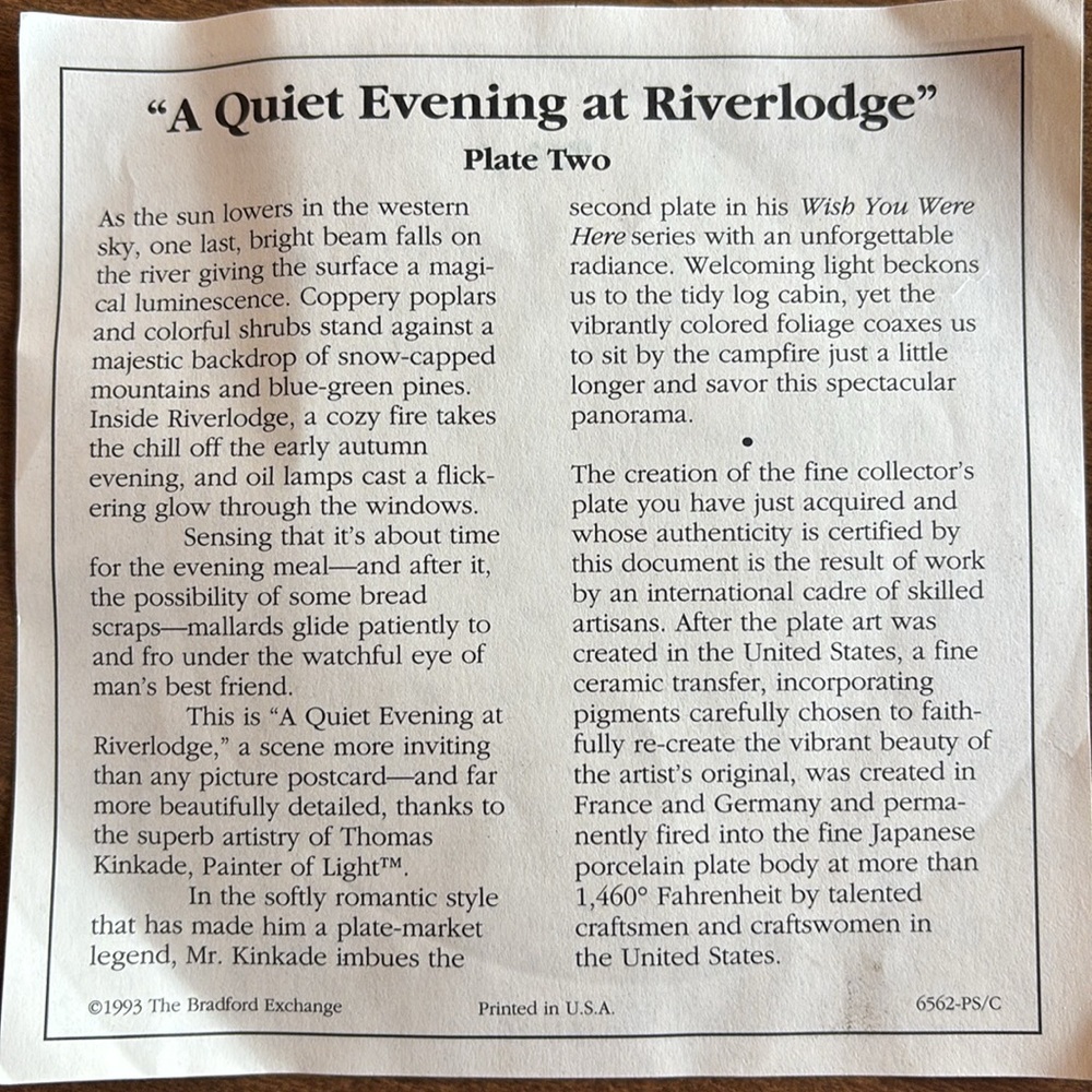 Thomas Kinkade’s “A Quiet Evening at Riverlodge” Vintage Decorative Plate - Picture 4 of 6